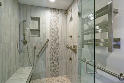 Walk-in Shower with Vertical Tile Pattern